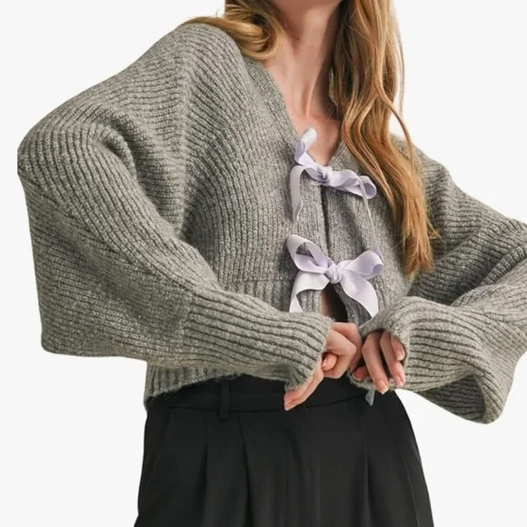 New-  Small  Gray Knit Sweater
Lavender Bow Accents
Night Out-Office 
Oversized - Picture 5 of 6